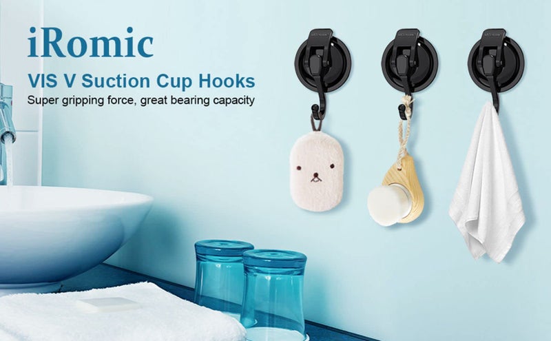 iRomic Heavy Duty Vacuum Suction Cup Hooks (2Pack) for Shower Glass Window Kitchen&Bathroom&Restroom Organization Black. - Image 5